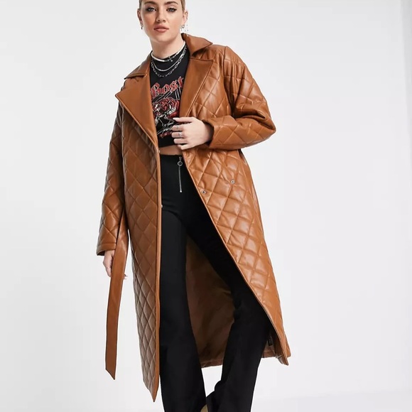 Reclaimed Vintage inspired quilted leather look coat in brown - Picture 1 of 4